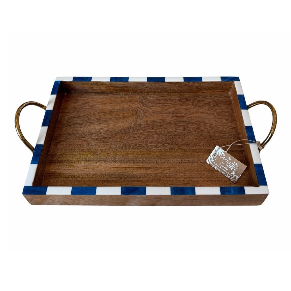 Blue & White Checkered Enameled Resin Wood Serving Tray 16x10 Made In India NEW